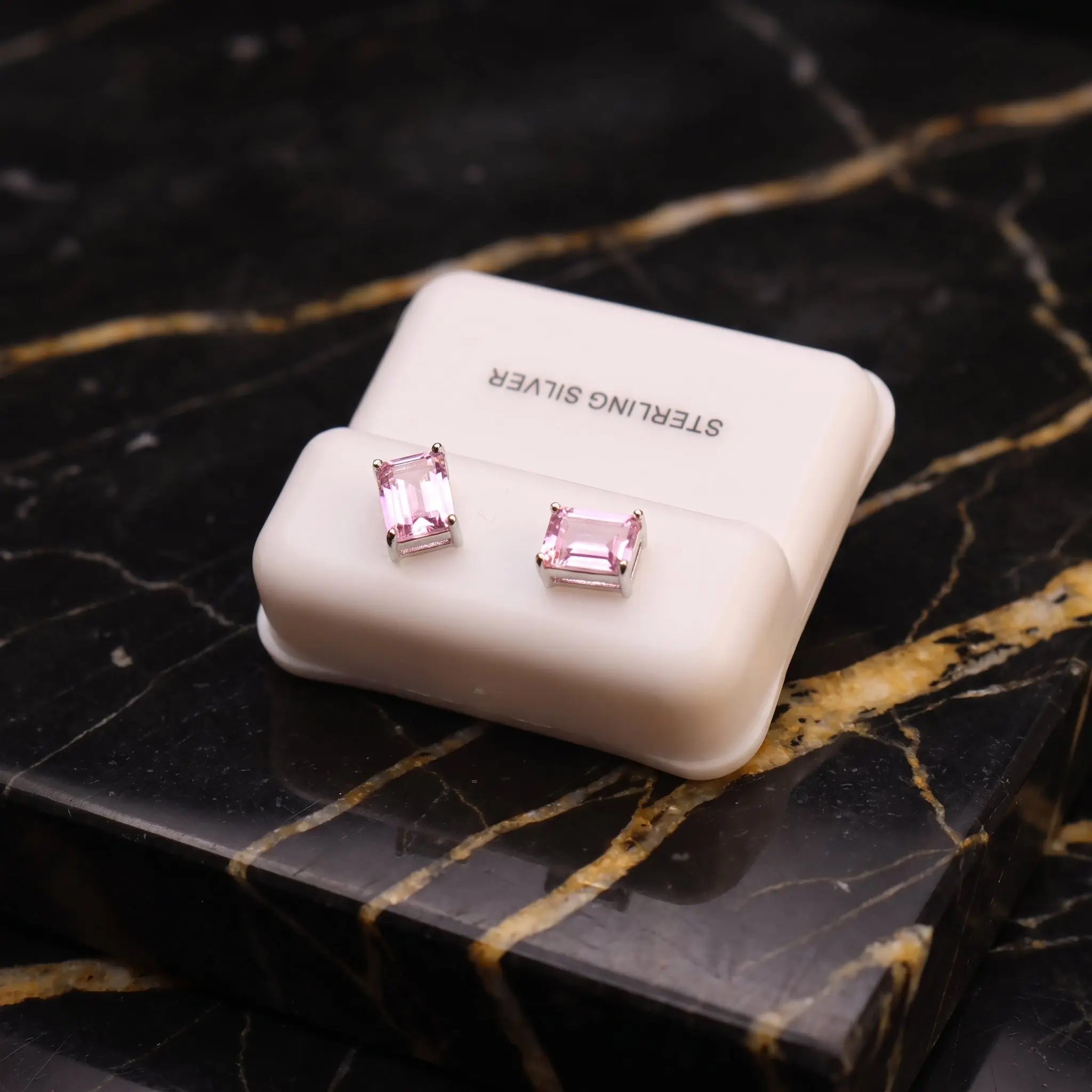 Emerald Cut Cz Earrings Pink Saphire 7x5mm 925 Silver