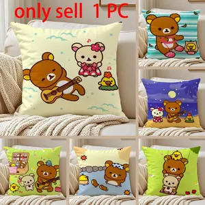 Cartoon R-Rilakkuma Pillow Case Anti-dustmite Pillowcase Sofa Cushion Cover with Invisible Zipper Silky Short Plush Polyester Microfiber Fabric White Available in Standard Sizes for Home Bed Use