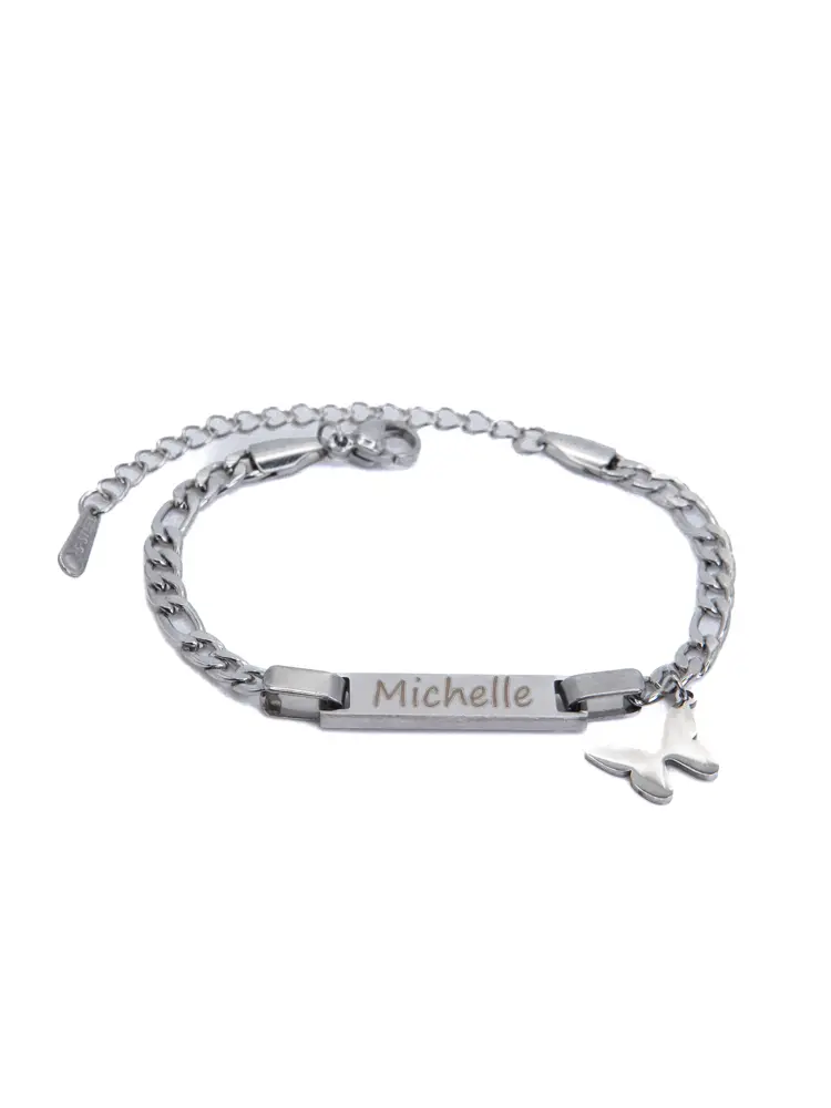 Customizable Baby ID Bracelet with Stainless Steel Butterfly Charm Personalized Name Bar. Size Bracelet 6 to 7.5 Inches Adjustable Bangle