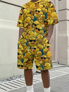 Men's 3D digital printing two-piece set, sunglasses and yellow duck print short-sleeved shirt and shorts set, trendy short-sleeved shirt and shorts set, vacation style, Tropical, breathable sports and casual style, the perfect holiday gift for men.