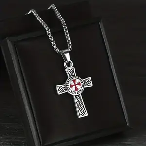 1 Piece Punk Red Cross Adventure Knights Templar Cross Pendant Necklace Men's Amulet Accessory