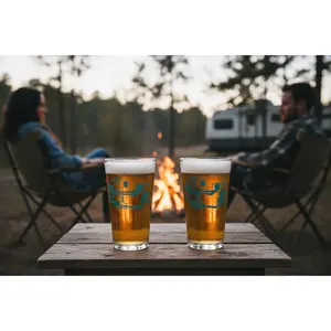 Retro Camper Trailer Pint Glass — 16 oz Screen-Printed Beer Glass | Teal Ink