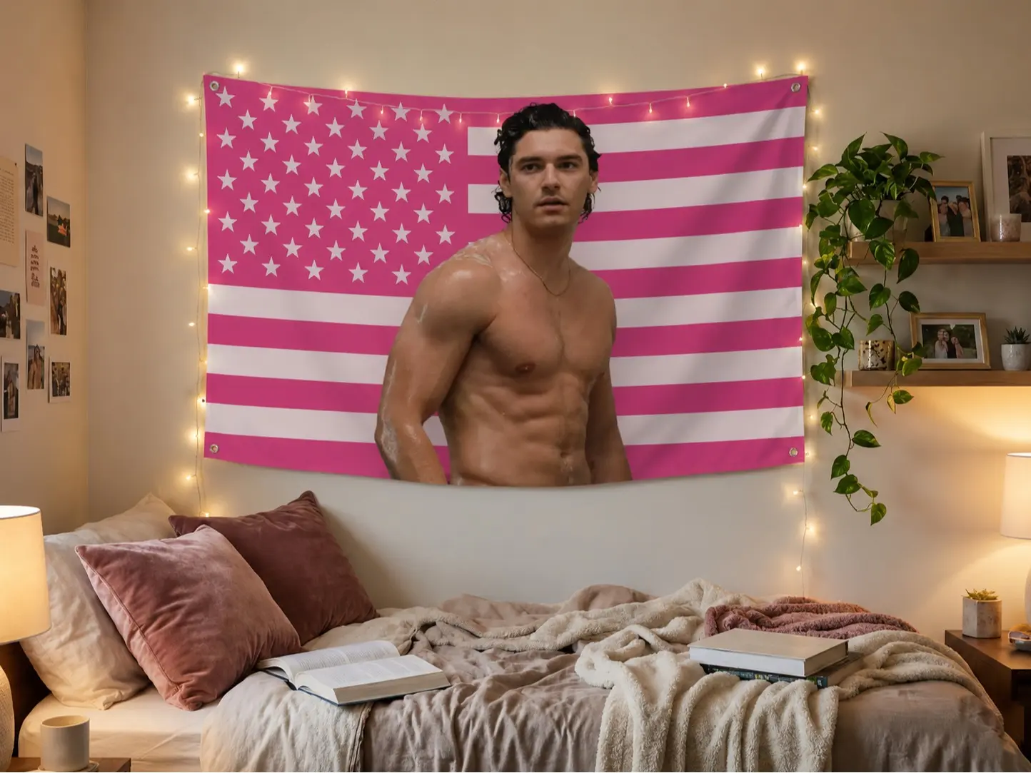 Smooth Lightweight Print Photo Tapestry - Off-Campus Series Garrett Graham Shirtless Pink American Flag Design, Us Pride Nation Pride Fictional Hockey Boyfriend Wall Art for BookTok Readers' Dorm Room Decor