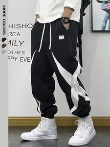Men's Fitted Casual Pants Menswear Spring Autumn Trendy Irregular Color Lines Deconstructed Patchwork Street Functional Style Drawstring Cut Streetwear