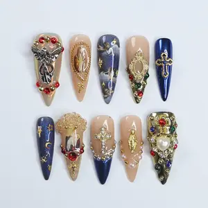 Alice WonderNails - Press On Nails Angel's Gift with Silver & Gold Cross | Handmade Luxury for Holiday, Gift, Birthday - AW38