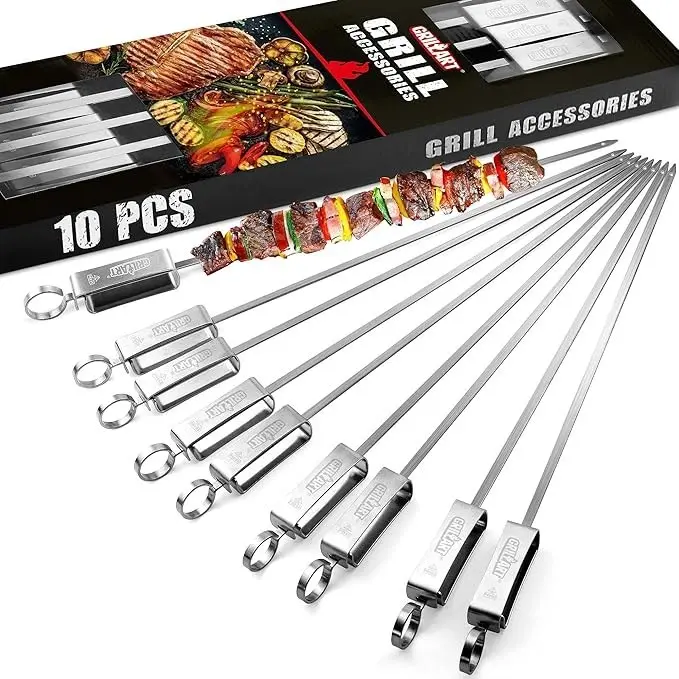 10PCS 17in Stainless Steel Flat Kabob Skewers - Heavy Duty Reusable Rust-Proof Outdoor Barbecue Sticks with Slider, Eco-Friendly BBQ Utensils for Home Grilling, Camping, Outdoor Barbecue Skewers, Rust-Proof Barbecue Skewers