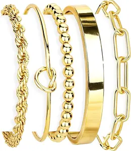 Gold Bracelet Set for Women, 14K Gold Plated Stackable Bangles Chunky Cuff Waterproof