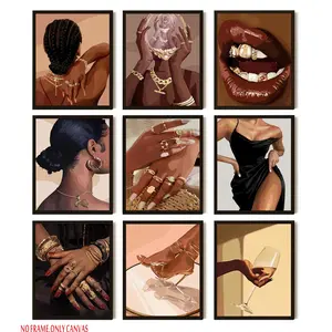9-Piece Set, Black Girl Poster Wall Art Collection, Abstract African-American Women Canvas Wall Decor, Bohemian Boho Art Aesthetic Prints, Suitable for Living Room Bedroom Home Decor, Frameless