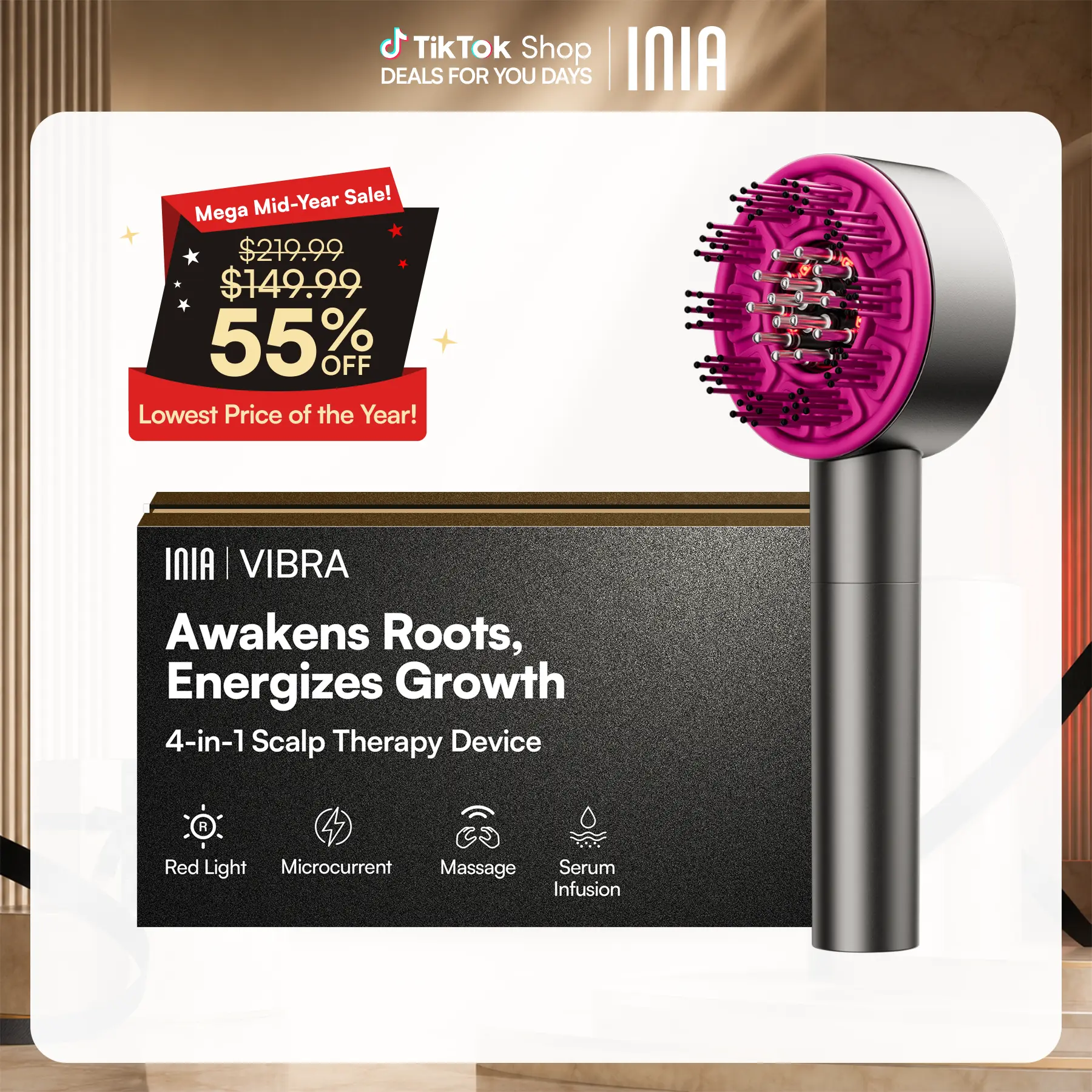 INIA VIBRA 4-in-1 Scalp Therapy Device, Red Light, Microcurrent, Massage, Serum Infusion, Scalp Massager Beauty Device, Waterproof & Wet/Dry Use, Perfect Holiday Gift，Summer Beauty Gift Ideas
