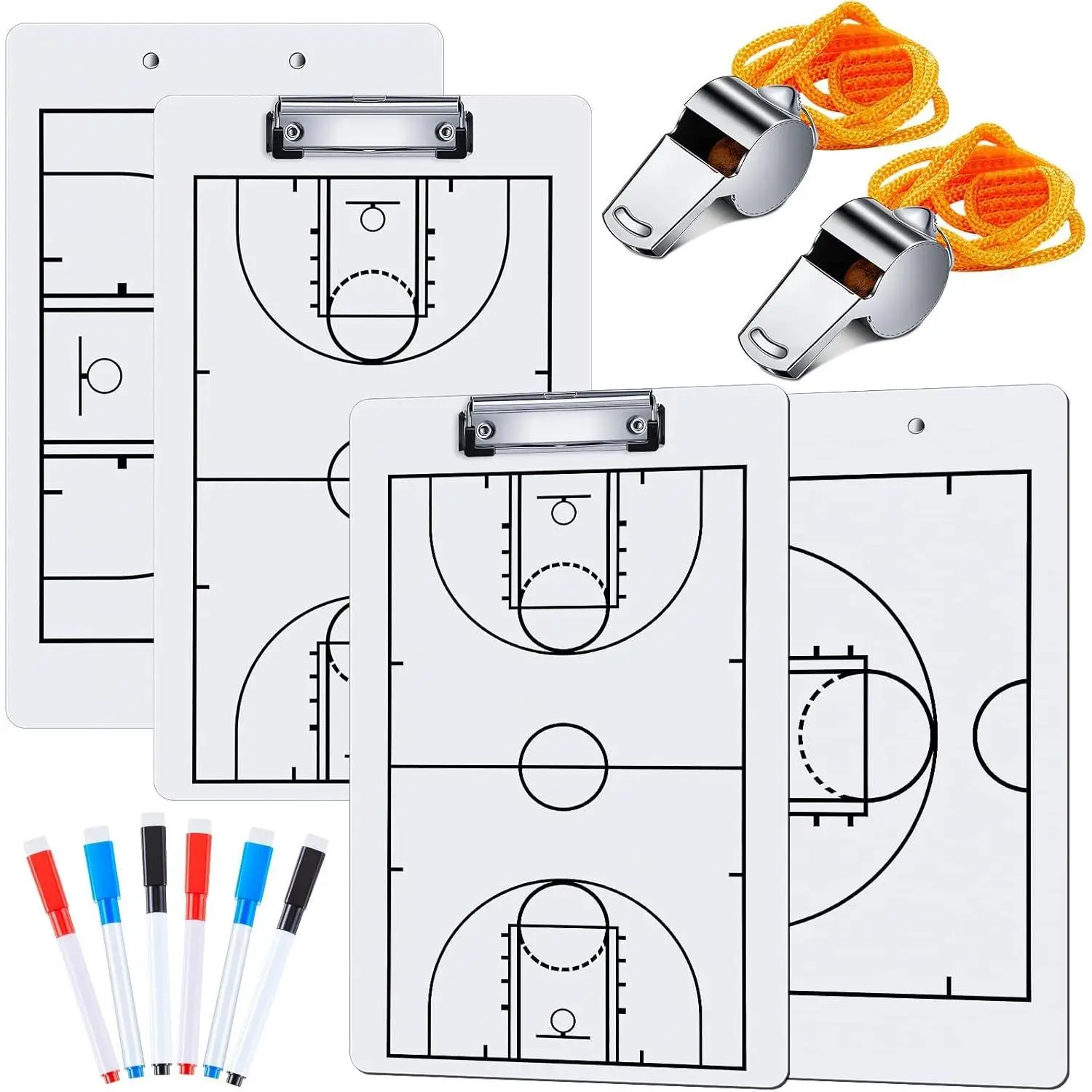 10 Pcs Basketball Clipboards Set for Coaches Include 2pcs 14"x9" Dry Erase Double Sided Basketball Whiteboard Equipment 6 Pcs Dry Erase Marker Pens and 2 Pcs Whistle, Sport Party Themed Gift