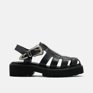 Maya Black Leather Lug Fisherman Sandals