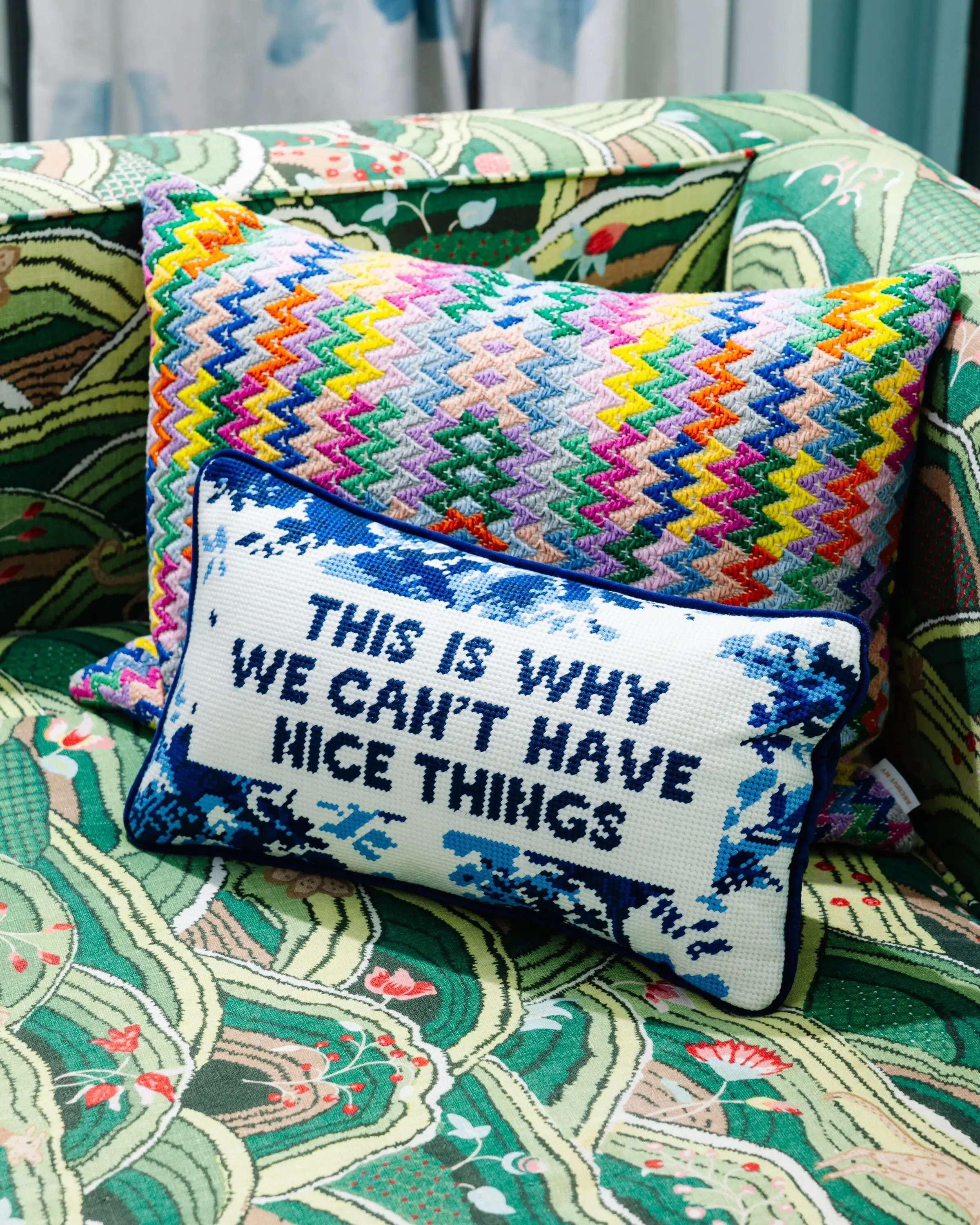 Embroidered Velvet Needlepoint Pillow Cushion - Decor Accessory, Soft Textile Soft Furnishing for Living Room with Playful Print