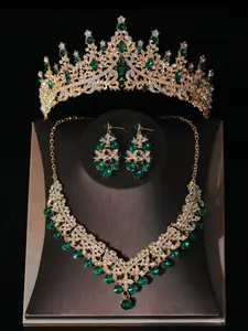 A set of gold bridal accessories for women, classic green diamonds embellishing the bride's crown with gorgeous necklaces and earrings, 4-piece wedding accessory set, suitable for wedding dresses, formal dresses, and other wedding parties