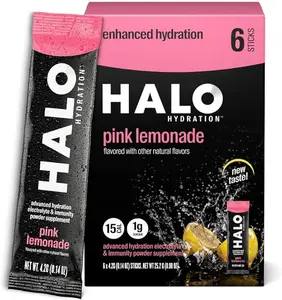 HALO Hydration - Electrolyte Drink Mix | Hydration Powder Packets | Pink Lemonade Flavor – for Sports and Cycling | Easy Open Single Serving Stick | 6 Sticks