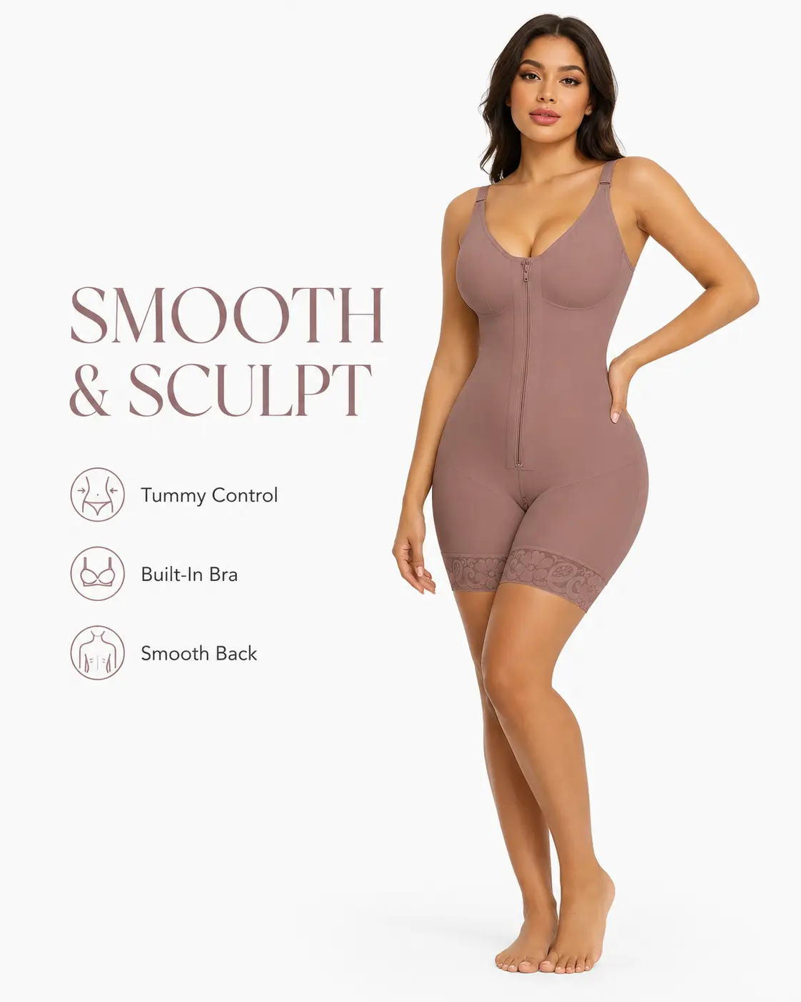 Girlsnufit-Women’s Mauve Purple Shapewear Bodysuit with Built-In Bra, Front Zipper Tummy Control, Adjustable Straps, Butt Lifting, Mid-Thigh Length, S-XXL