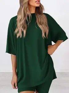 Women's Solid Color T-Shirt and Tight Shorts Lounge Set, Casual Comfortable Round Neck Sleepwear for Summer, Features Pockets and Suitable for Outdoor Wear，Women's  Pyjama Set
