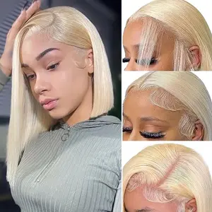 Blonde Bob Wig Human Hair 180% Density 613 Straight 12 Inch Short Bob Wigs 13x4 HD Transparent Lace Front Wigs Human Hair Pre Plucked With Baby Hair