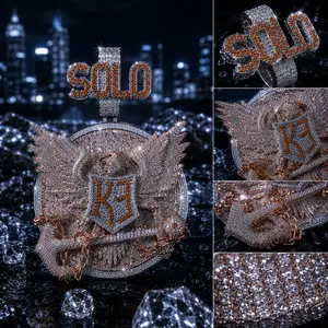 5381 Two Tone Silver & Rose Gold SOLO Wing Shield Pendant Full All Over Iced Stone Chain Detail Hip Hop Streetwear Jewelry