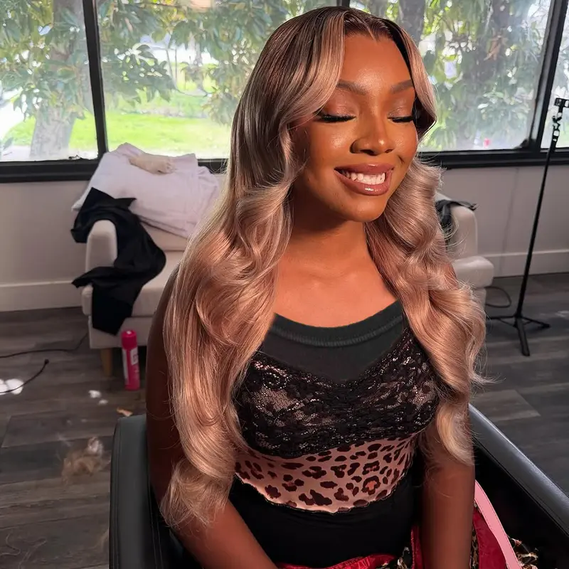Body Wave 13x6 Lace Frontal Human Hair Straight Wigs Pre Plucked Drawstring Pre-Cut Lace Glueless Wig Ombre Blonde with Dark Brown Root Colored 180% Density Wigs for Women