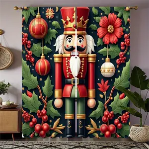 2pcs Christmas Window Curtain Panels - Semi-Sheer Rod Pocket Curtains with Nutcracker Soldier, Deep Red & Green Colors, Machine Washable Polyester Fabric for Living Room, Bedroom, Holiday Decor - Lightweight Elegant Window Drapes