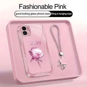 Suitable for [iPhone 11] high-end women's phone case🥰，a beautiful four-leaf clover lanyard is included🍀，A simple yet sophisticated rose motif—bringing you good luck YM99