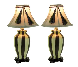 Vertical Striped Small Ceramic Table Lamp with Tassel Shade (Set of 2)