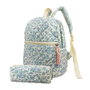 2Pcs/ Set Women's Small Floral Quilted Cotton Backpack Purse, Multi-Pocket Shoulder Handbags for Everyday Use, Travel
