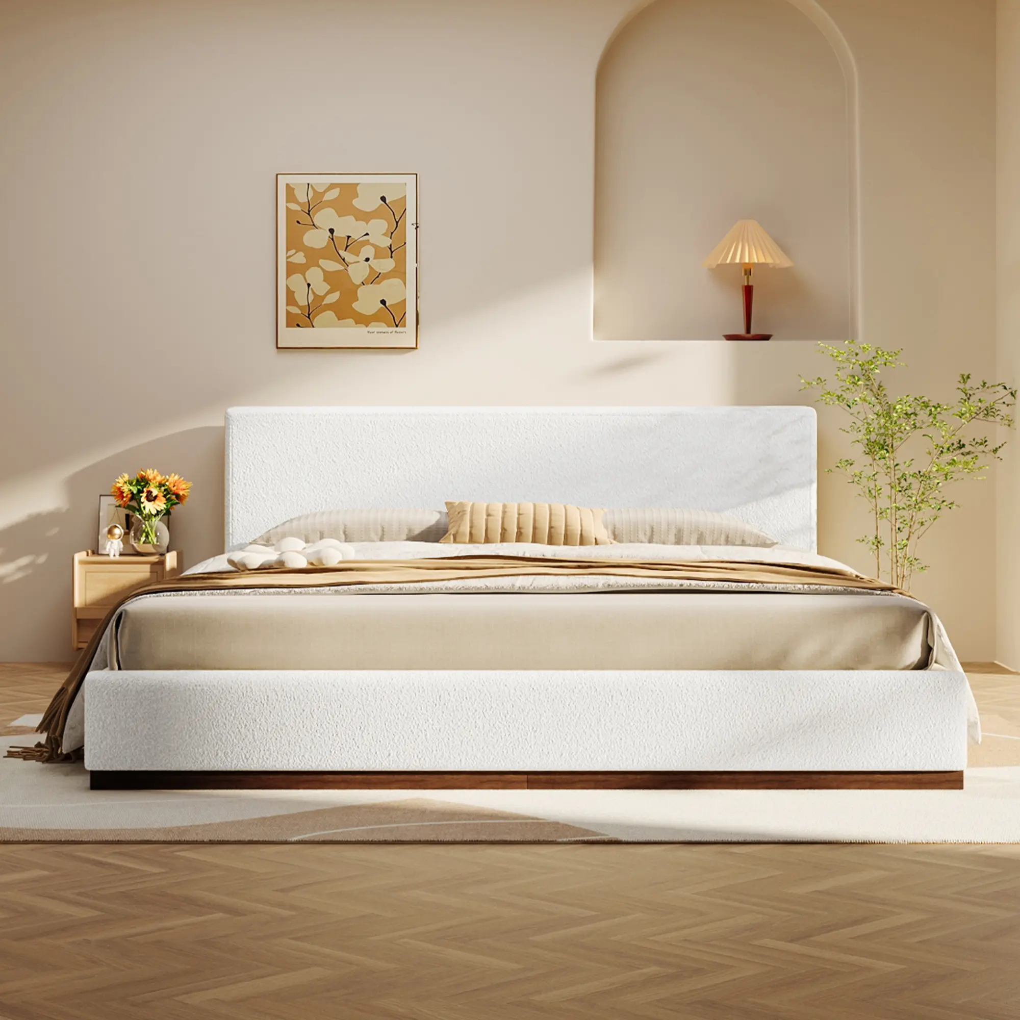King Size Elegant White Fabric Upholstered Bed Frame with Wood Grain Textured Solid Wood Base, Bed Frame King Size, Upholstered Bed Frames, King-Size Bed Frames