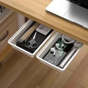2Pack Under Table Desk Drawer Storage Organizer Slide Out,  Self-Adhesive Under Desktop Pencil Tray Drawer for Office,Classroom,Kitchen(S/white)