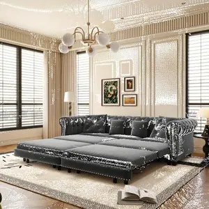 89 " W 3-in-1 Pull-Out Sofa Bed, Convertible Sleeper Sofa Bed,King Size Sofa Bed, Chaise Lounge,Velvet 3-Seater Sofa with Movable Ottoman,  Tufted Design, Grey    RR