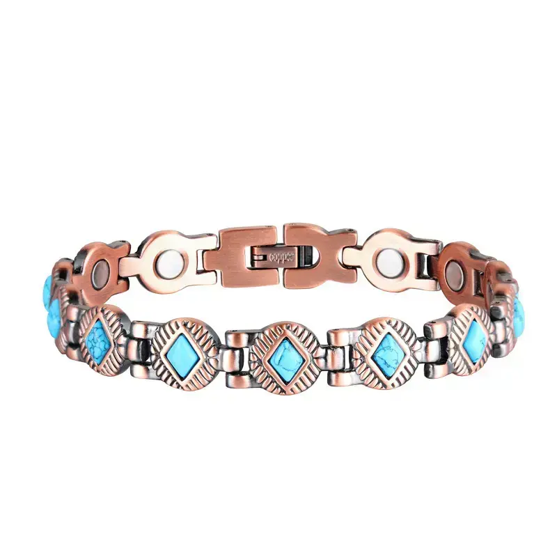 DearLuniva B Vintage Geo Lines Copper Magnetic Bracelets - Natural Turquoise & Red Agate Inlays, Energy & Blue-Green Transparent Bangles, Magnetic Detail, Hand-Caring Gift for Couples/Sisters, Bracelet Stacking, Copper Coated