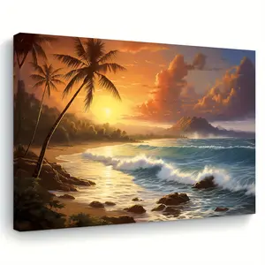 [2D Flat] One Piece of Wooden-Framed Canvas Artwork Featuring a Tropical Beach Sunset with Palm Trees, Suitable for Decorating Living Rooms, Bedrooms, Kitchens, And Offices. It Makes a Great Gift for Festivals for Both Men And Women