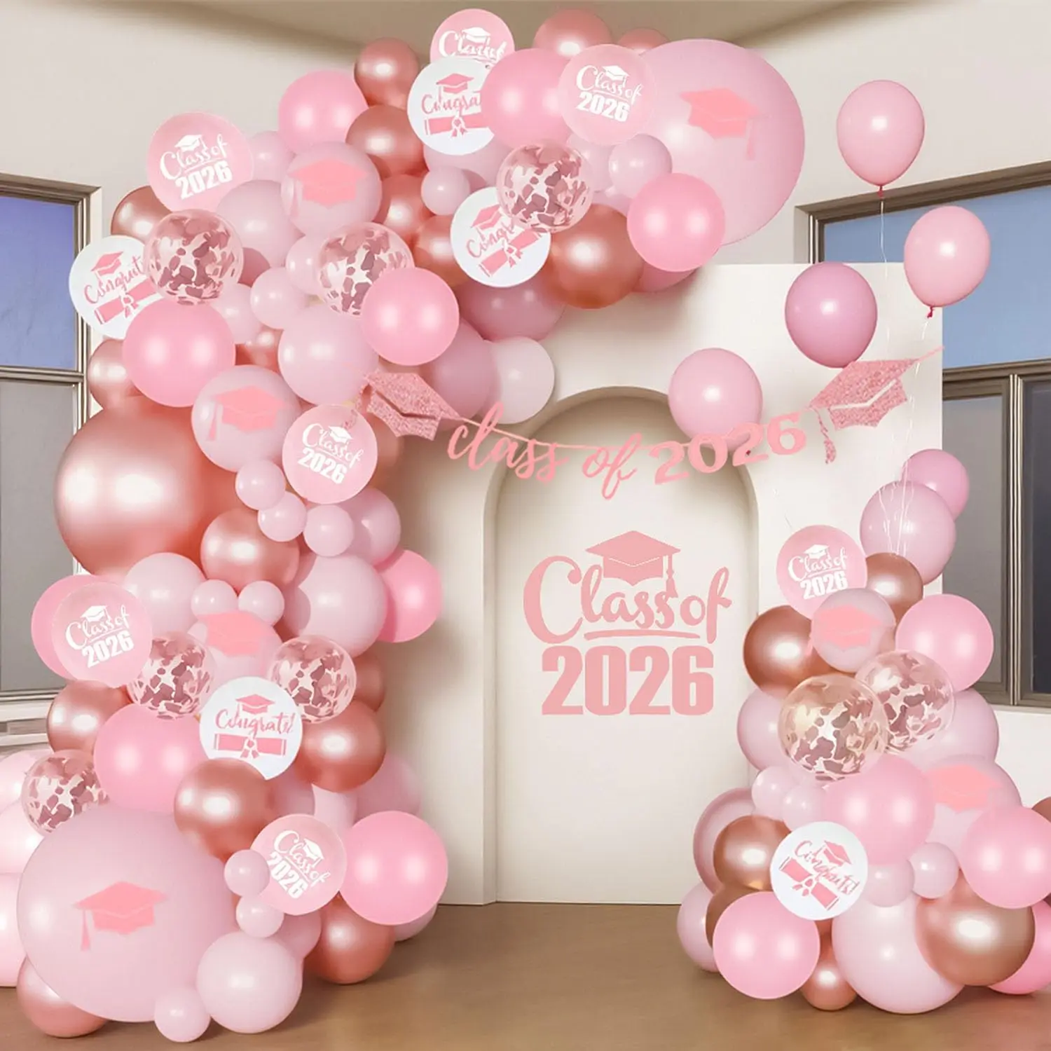 65-Piece Thick Latex Class of 2026 Multi-Size Metallic Pink Graduation Balloon Arch Kit - 18in,10in,5in Rose Gold Confetti Blow Up Balloons, Print Banner, Tape, Glue for High School College Grad Decorations