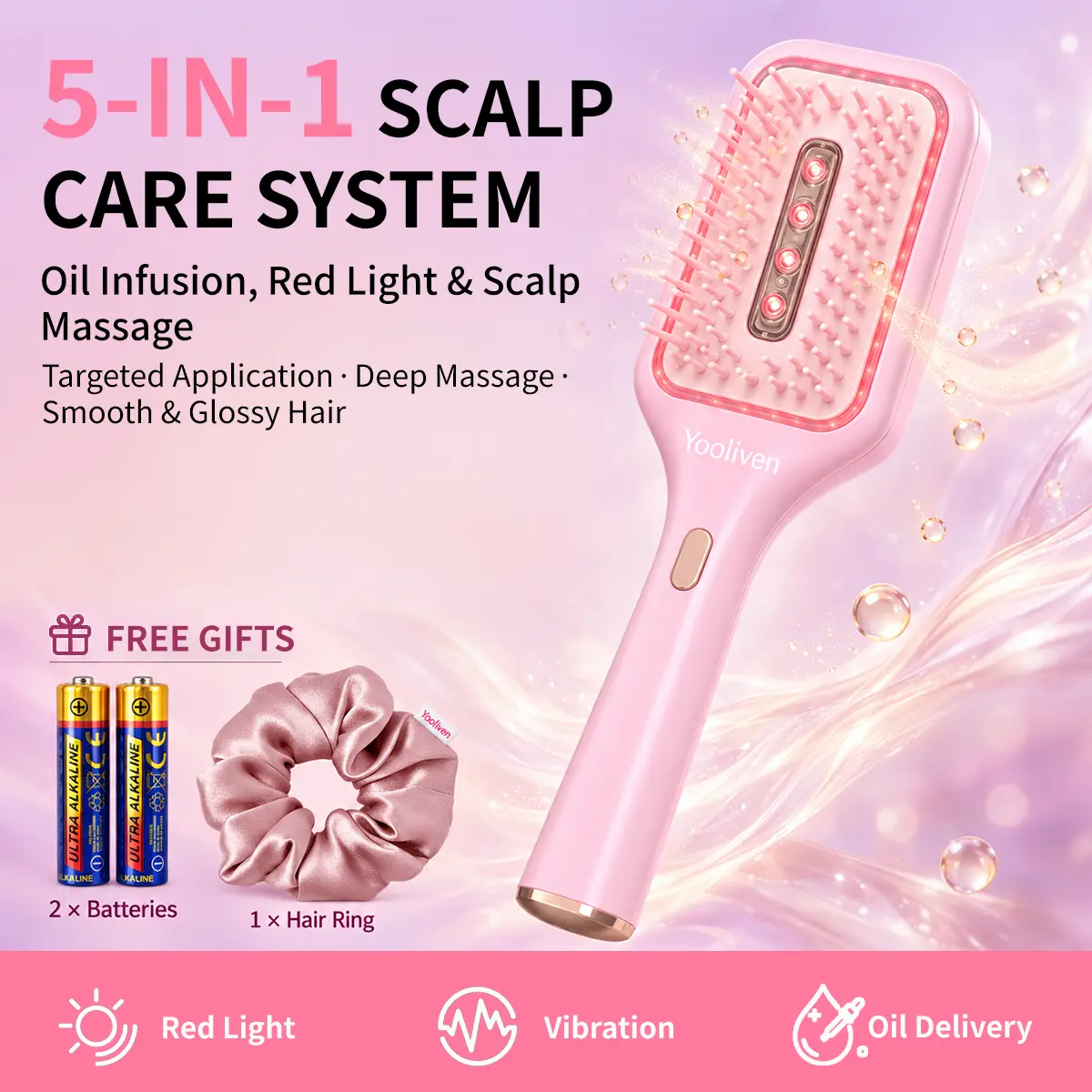 Yooliven YooInfuse 5-in-1 Oil Infusion Scalp Care Brush - Pink, 4mL Leak-Resistant Hair Oil Applicator, 35-LED 655nm Red Light, Vibration Scalp Massager, Air Cushion Detangling Brush