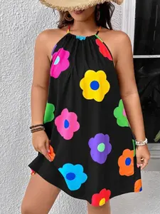 Spring Summer Short Dress, Sunflower Flower Print, Loose Fit Casual Halter Neck, Plus Size Dress, Perfect for Leisure and Vacation