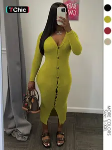 Women's Plain Button Front V Neck Bodycon Dress, Casual Long Sleeve Ribbed Midi Dress for Fall & Winter, Women's Clothing for Daily Wear, Womenswear