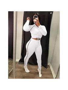 Women's Physique Fitting Hooded Collar White Solid Color Jogging Suit