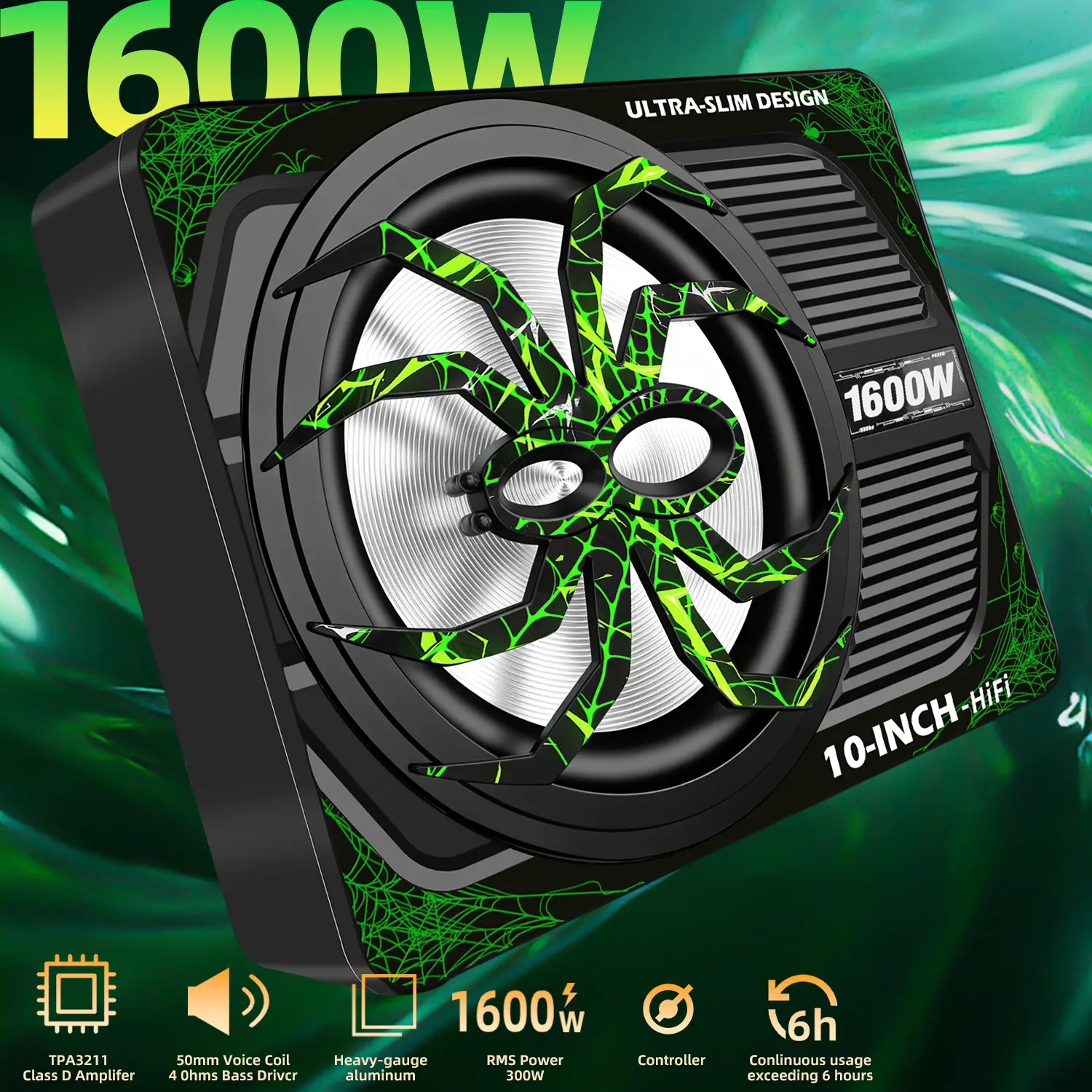 SCBPAUD 10-Inch Ultra-Slim Under-Seat Car Subwoofer Full Set - 1600W Class D Amplifier, LED Spider-Web Design, for Truck, SUV, Car Audio Accessories