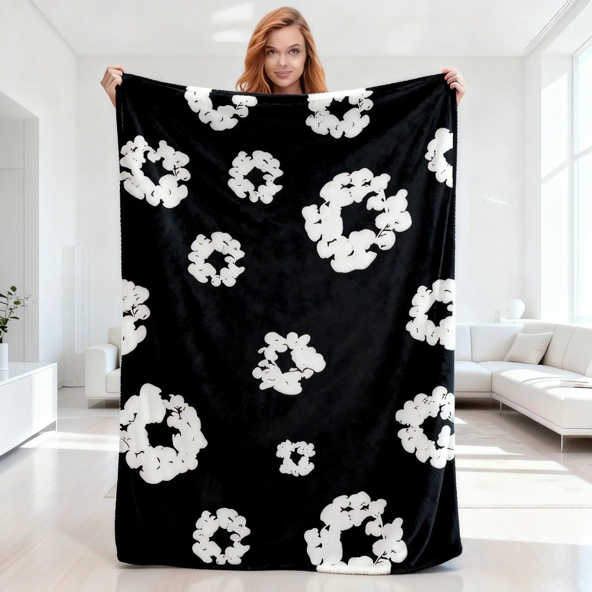 Luxury Cozy Black D-Denim Flannel Blanket with Unique White T-Tears Prints, Soft Plush All-Season Throw for Sofa, Bed, Modern Home Decor, Ideal Birthday or Christmas Gift