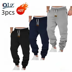 3pcs-Men's solid color drawstring warm pants, Drawstring waist sweatpants, small leather label design, pockets on both sides, windproof outdoors, soft and comfortable warm sports pants, suitable autumn and winter wear, regular casual daily men's pants