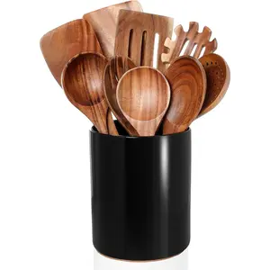 Wooden Cooking Utensils Set with Holder, Teak  Utensils, Ceramic Holder for Countertop with Protection Cork Bottom, Nonstick Spoons, Cooking Spatula Set, 10 count Kitchen Decor, (Black)