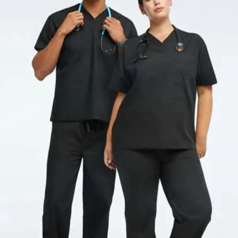 Unisex Pocketless Scrub Set - Black Medical Uniform for Men & Women