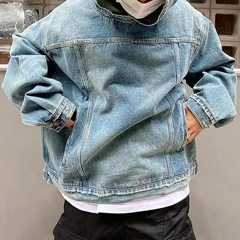 Mens Autumn Winter Fashion Denim Washed Distressed Retro Hoodie Genderless Street Fashion Casual Loose Denim Sweatshirt Unisex Blue Long Sleeve