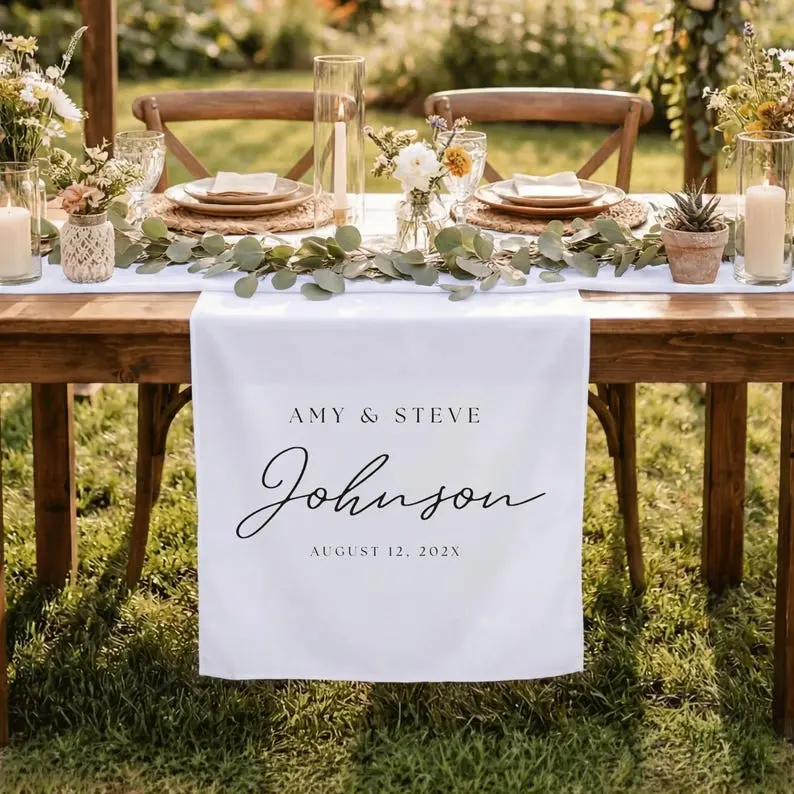 Wedding 14x70 inches Table Runner, Custom Linen Sweetheart Table Sign, Fabric Head Table Banner with Names, Boho Reception Decor for Engagement Party