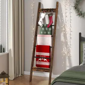 Blanket Ladder for Living Room, Decorative Rack with 4 Removable, 5-Tier Farmhouse Ladder Holder Shelf Organizer for Bedroom, Rustic Brown and Black BR31501B