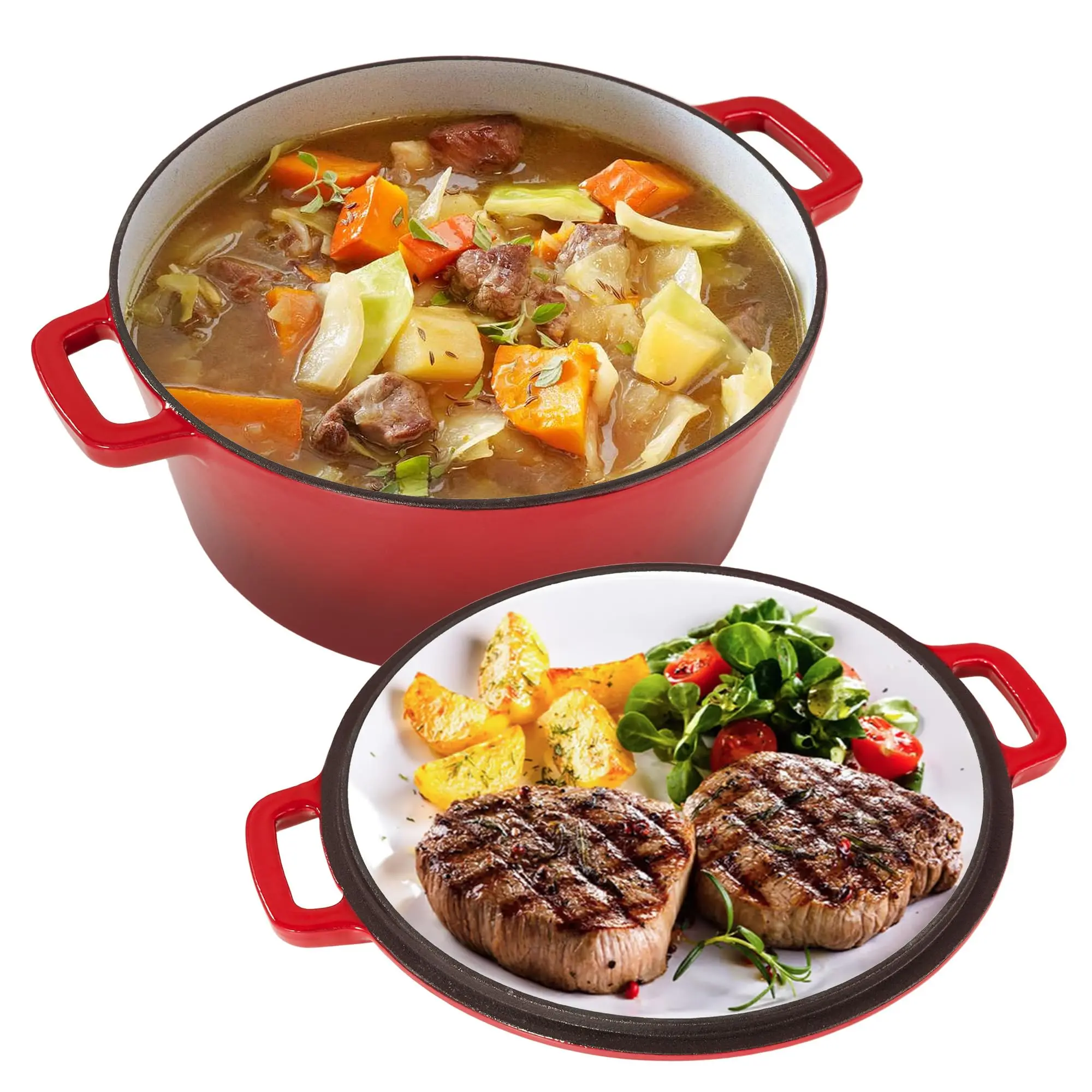 Enameled Cast Iron Dutch Oven, 6-qt Red 2-in-1 Combo Cooker with Skillet Lid, Heavy-Duty Pot for Bread Baking, Induction & Oven Safe to 500°F, Easy to Clean, Preservation