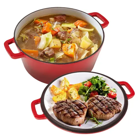 Heavy & Sturdy 2-in-1 Combo Cast Iron Cookware Set, 6-qt Red Dutch Oven with Skillet Lid Pan, Nonstick Coating, Heat Retention, Stew+Steak Cooking, Easy to Clean, Camp Kitchen Pot, Induction-Stovetop Compatible, Oven Safe to 500°F