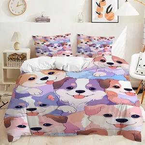 2/3Pcs Macaron Puppy Duvet Cover Set, A Four-Season Bedding Set With Bright and Cute Prints, Suitable for Dog Lovers, Boys' and Girls' Rooms, and Teenagers' Bedroom Decoration (Pillow Inserts Not Included).