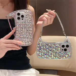 Iridescent Full Diamond Armpit Bag Case for iPhone14/15/16 | Dual Styles (Crossbody/Armpit) + Full Iridescent Rhinestone Coverage | Shockproof Scratch-Resistant | Shopping Date Fashion Sparkling Bag-Case Integrated Style