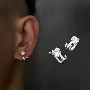 Titanium Steel Stud Earrings for Men - 2pcs with Cubic Zirconia, Stainless Steel Ear Needle, Hip-Hop Fashion Jewelry, Daily Wear & Party Accessories